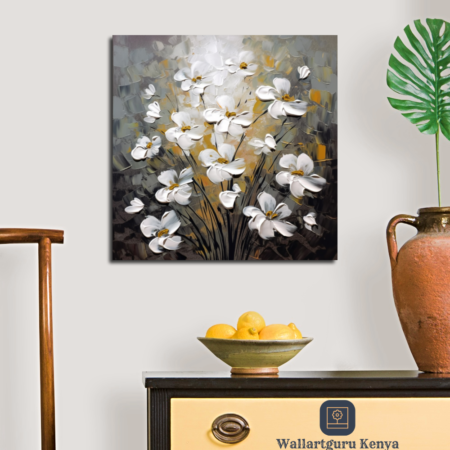 painting, flower vase grey white flowers canvas art