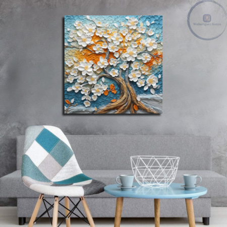 tree canvas abstract wall art white flowers