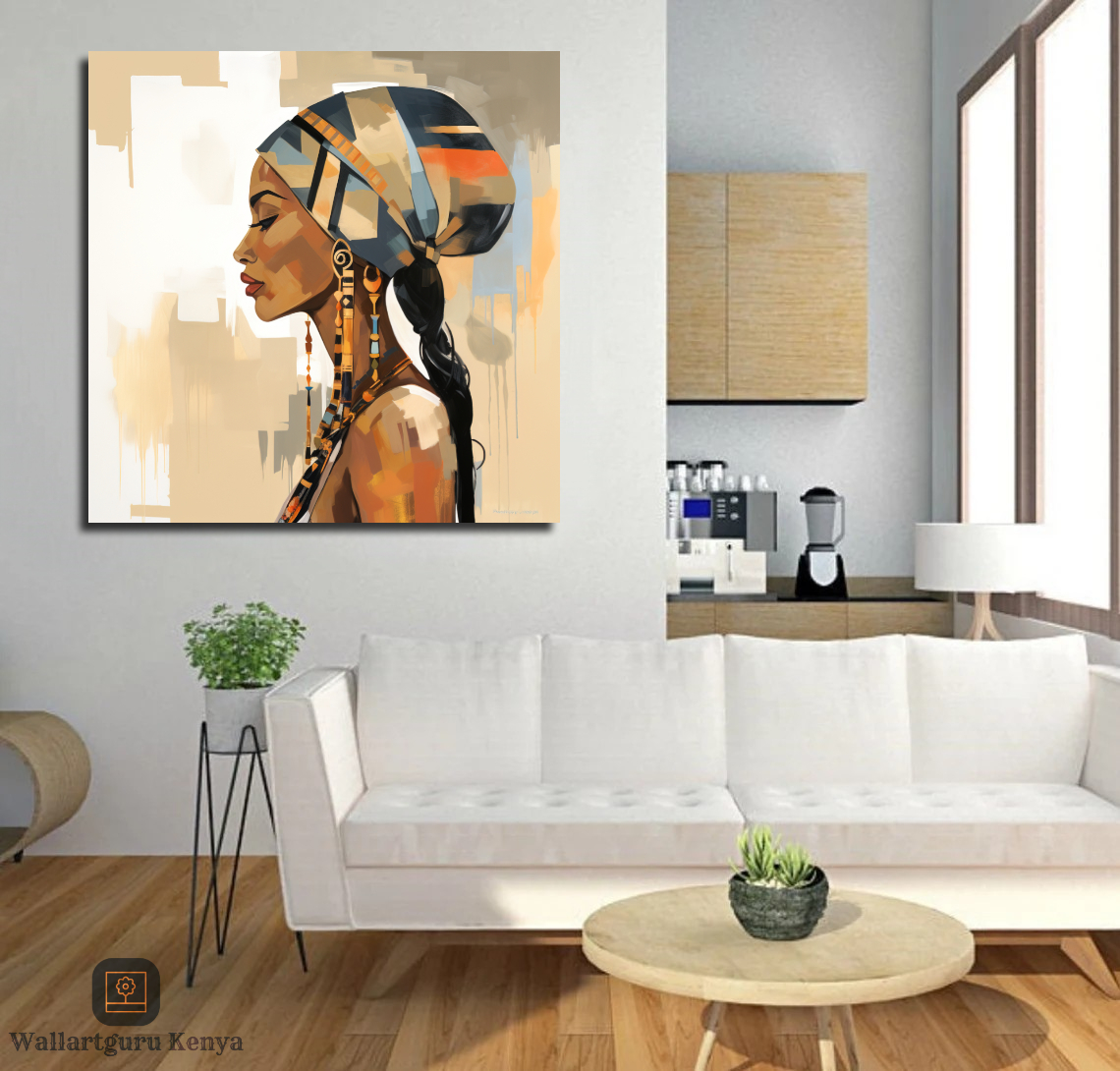 abstract headgear lady African woman with a beige color head gear canvas wall art Kenya Nairobi